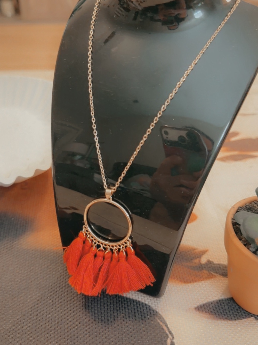 SHEIN Gold-Tone Pendant Necklace with Red Tassels 28” chain
